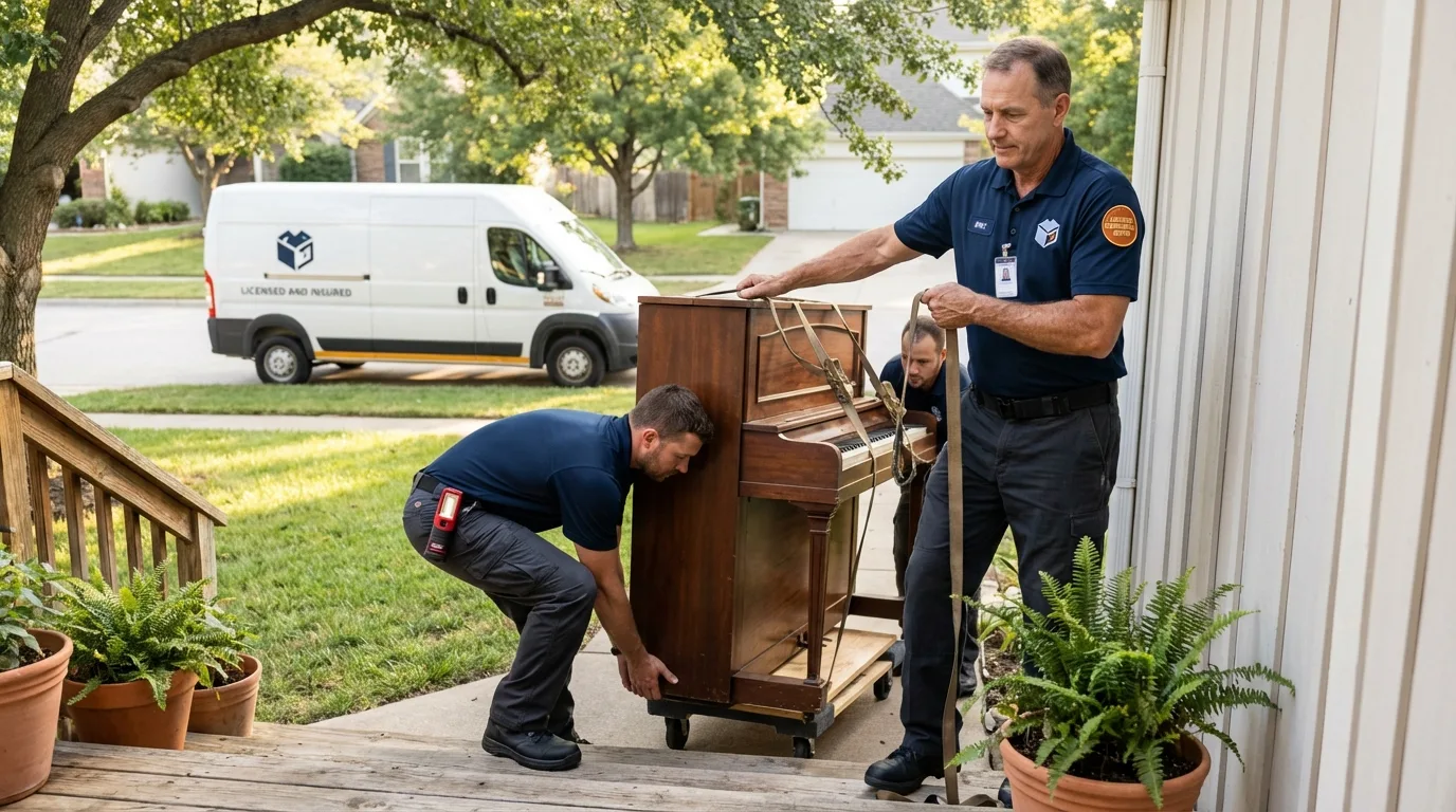 Licensed piano movers securing grand piano in Princeton, MO