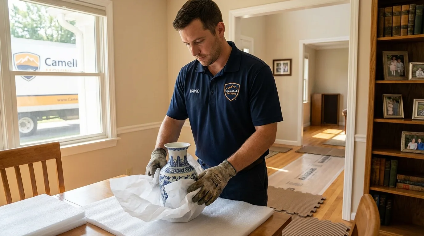 Professional crew carefully wrapping antique vase for senior downsizing move in Princeton, MO