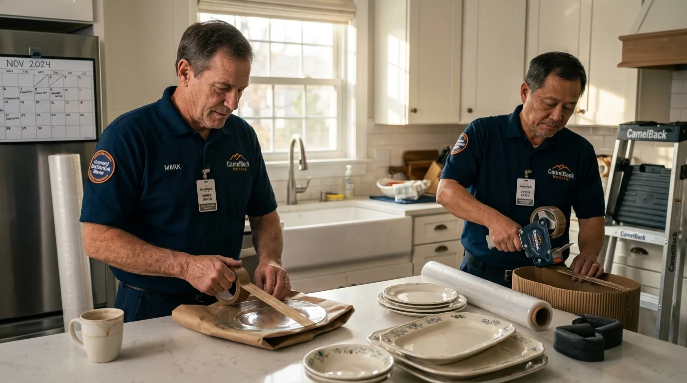 Professional crew packing kitchen dishware in Princeton, MO